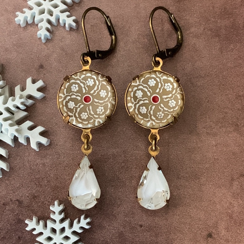 Antique Gingerbread Glass Cookie Button Givre Crystal Christmas Holiday Earrings